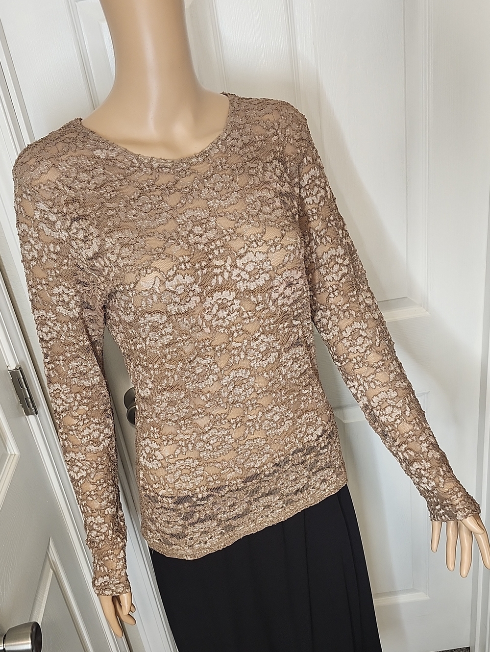Casual Corner Taupe Floral Lace Long-Sleeve See Through Top